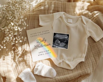 Regenbogen-Baby-Ankündigung Digitale Schwangerschaft enthüllen bearbeitbare Vorlage Regenbogen-Baby-Schwangerschaftsankündigung Anpassbarer Social-Media-Beitrag
