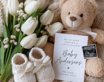 Digital Pregnancy Announcement Minimalist Ultrasound Neutral Baby Reveal Editable Canva Template Modern Teddy Bear Boho Pregnancy Reveal