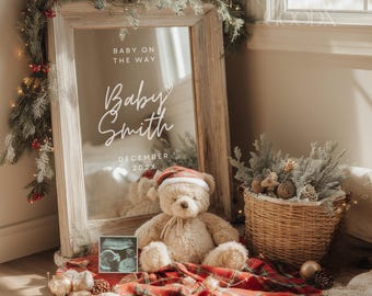 Minimal Christmas Baby Announcement Digital Editable Baby Reveal Minimal Pregnancy Canva Template Baby Christmas Reveal Pregnancy Mirror
