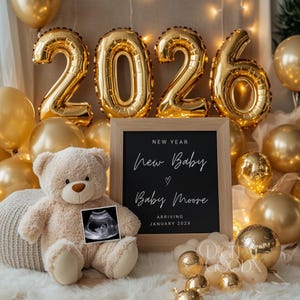 Annuncio di gravidanza digitale per il nuovo anno 2026, modello modificabile per ecografia, post sui social media di gennaio, design con ghirlanda dorata