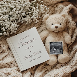 Book Pregnancy Announcement Digital Neutral Editable Template Our Next Chapter Begins Social Media Baby Reveal Boho Canva Pregnancy Post
