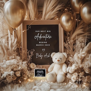 Bewerkbare neutrale zwangerschapsaankondiging digitale Boho babyaankondiging sociale media onthullen buiten baby onthullen gouden Boho esthetische sjabloon