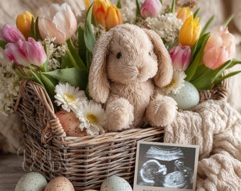 Easter Pregnancy Announcement Template Bunny Floral Baby Reveal Editable Canva Template Spring Neutral Digital Social Media
