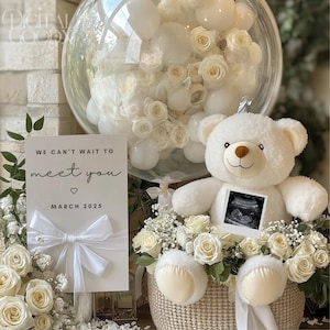 Annuncio di gravidanza neutro, tema digitale per la rivelazione del bambino, modello modificabile, palloncino elegante per l'annuncio del bambino sui social media