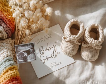 Simple Neutral Pregnancy Announcement Boho Baby Announcement Digital Editable Template Social Media Pregnancy Boho Baby Reveal