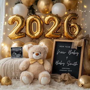 Digital New Years Pregnancy Announcement Magical 2026 Baby Announcement Instagram Wreath with Ultrasound January Social Media Reveal