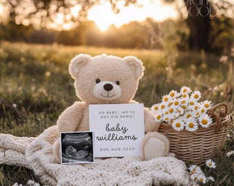 Neutral Pregnancy Announcement Boho Teddy Bear Baby Reveal Digital Editable Canva Template Social Media Gender Neutral Baby Announcement