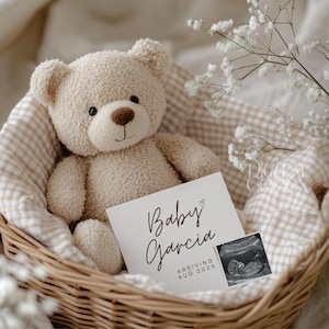 Elegant Pregnancy Announcement Template Neutral Spring Ultrasound Card Expecting Baby News White Floral Baby Reveal Digital Download