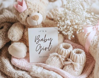 Its a Girl Minimalist Teddy Bear Pregnancy Announcement Digital Baby Reveal Editable Canva Template Cozy Baby Announcement Social Media