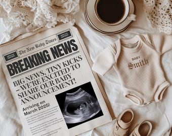 Plantilla digital editable para anuncio de embarazo en periódico, revelación de bebé, invitación personalizada para baby shower, anuncio de embarazo en redes sociales.