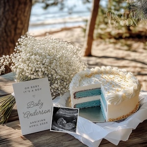 È un ragazzo Annuncio di gravidanza Torta di rivelazione del bambino digitale Tema Modello modificabile Annuncio di nascita sui social media Design di rivelazione del sesso blu