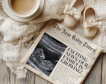 Plantilla editable para anuncio de embarazo en periódico, revelación de bebé, invitación digital para baby shower, anuncio de embarazo en redes sociales.