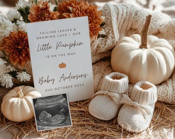 Fall Pregnancy Announcement Template, Pregnancy Announcement, Autumn Baby Reveal, Little Pumpkin, Digital Download, Custom Baby announcement