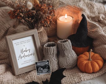 Halloween Pregnancy Announcement Digital Spooky Baby Reveal Template Editable Social Media Pregnancy Announcement Neutral Card