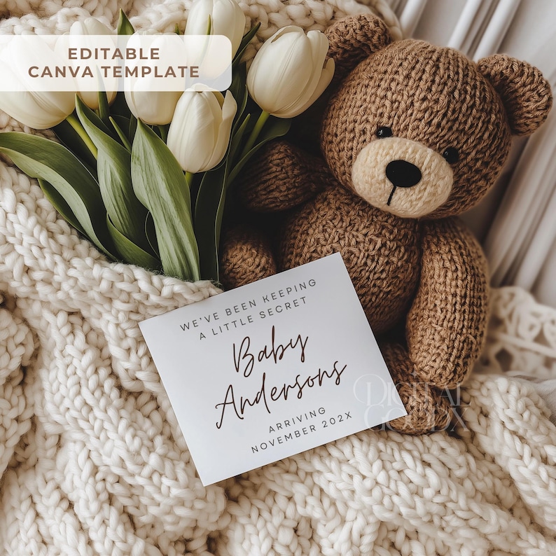 May include: A brown knitted teddy bear sits next to a white card with the text "Baby Andersons Arriving November 202X". White tulips and a cream-colored knitted blanket complete the scene. The words "Editable Canva Template" are in the top left corner.