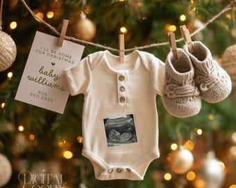 Ill Be Home For Christmas Pregnancy Announcement Digital Baby Reveal Clothesline Boots Onesie Holiday Baby Announcement Template