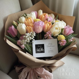 Faire-part de grossesse bouquet floral tulipes bébé révèlent modèle de toile numérique modifiable médias sociaux grossesse révèlent thème fleurs de printemps