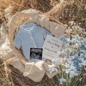 Baby Boy Minimalist Pregnancy Announcement Digital Floral Blue Baby Reveal Editable Canva Template Boho Customizable Social Media Post