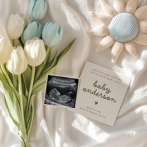 Baby Boy Minimalist Pregnancy Announcement Digital Baby Reveal Boho Blue Editable Template Customizable Social Media Baby Announcement Tulip