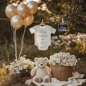 Annuncio di gravidanza boho neutro Teddy Bear Baby Reveal Modello digitale modificabile Social media Minimalista Brown Baby Announcement Canva