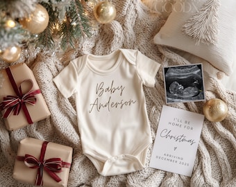 Christmas Pregnancy Announcement Due In December Digital Baby Reveal Editable Canva Template Holiday Social Media Gender Neutral Aesthetic