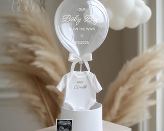 Faire-part de grossesse bohème neutre, modèle numérique de révélation de bébé ballon blanc, faire-part de grossesse personnalisable sur les réseaux sociaux