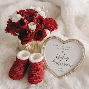 Valentines Day Digital Pregnancy Announcement Template Baby Reveal February Gender Reveal Boy Girl Red Roses Tiny Feet Card