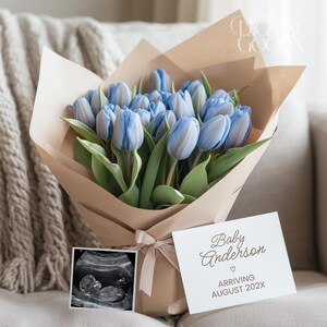 Floral Boy Pregnancy Announcement Blue Tulips Baby Reveal Digital Editable Canva Template Spring Baby Reveal Social Media Pregnancy Post