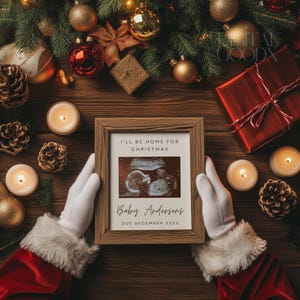 Digitale kerstzwangerschapsaankondiging verwacht in december Bewerkbare sjabloon voor babyonthulling Genderneutraal vakantie I Will Be Home For Christmas