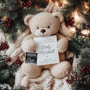 Weihnachts-Schwangerschafts-Ankündigung Minimalist Dezember Baby-Ankündigung Gender Reveal Neutral Bearbeitbare Vorlage Urlaub Social Media Reveal