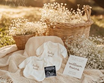 Twin Pregnancy Announcement Boho Neutral Gender Reveal Digital Editable Canva Template Social Media Twins Baby Announcement Custom Design
