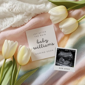 Regenbogen-Baby-Ankündigung Digitale Schwangerschaft enthüllen Bearbeitbare Vorlage Anpassbare Social-Media-Regenbogen-Baby-Schwangerschaftsankündigung