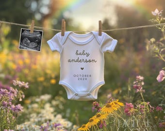 May include: A white baby onesie with the text "baby anderson" and "OCTOBER 202X" hanging on a clothesline in a field of wildflowers. A black and white ultrasound image is hanging on the clothesline next to the onesie.