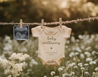Outdoor Pregnancy Announcement Template, Editable Canva Baby Reveal, Neutral Onesie Ultrasound Announcement, Digital Download