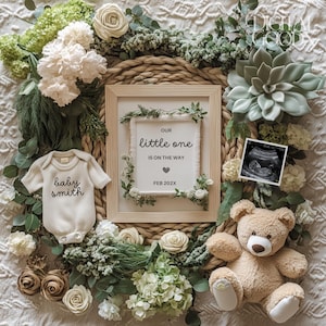 Annuncio di gravidanza neutro Modello modificabile per la presentazione del bambino verde digitale Annuncio di nascita sui social media Tema natura Boho Genere neutro