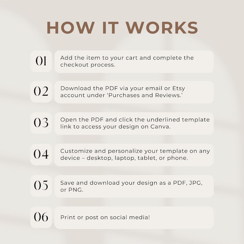 Peut inclure: Graphique beige avec le texte "HOW IT WORKS" en marron. Les &eacute;tapes 1 &agrave; 6 d&eacute;taillent le processus : ajouter au panier, t&eacute;l&eacute;charger un PDF, acc&eacute;der &agrave; une conception Canva, personnaliser, enregistrer et imprimer ou publier sur les r&eacute;seaux sociaux.