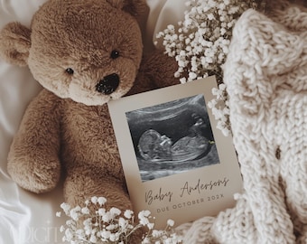 Neutraler Minimalistischer Teddybär Schwangerschaftsankündigung Digitale Baby offenbaren bearbeitbare Canva-Vorlage Gemütliche Babyankündigung Social Media