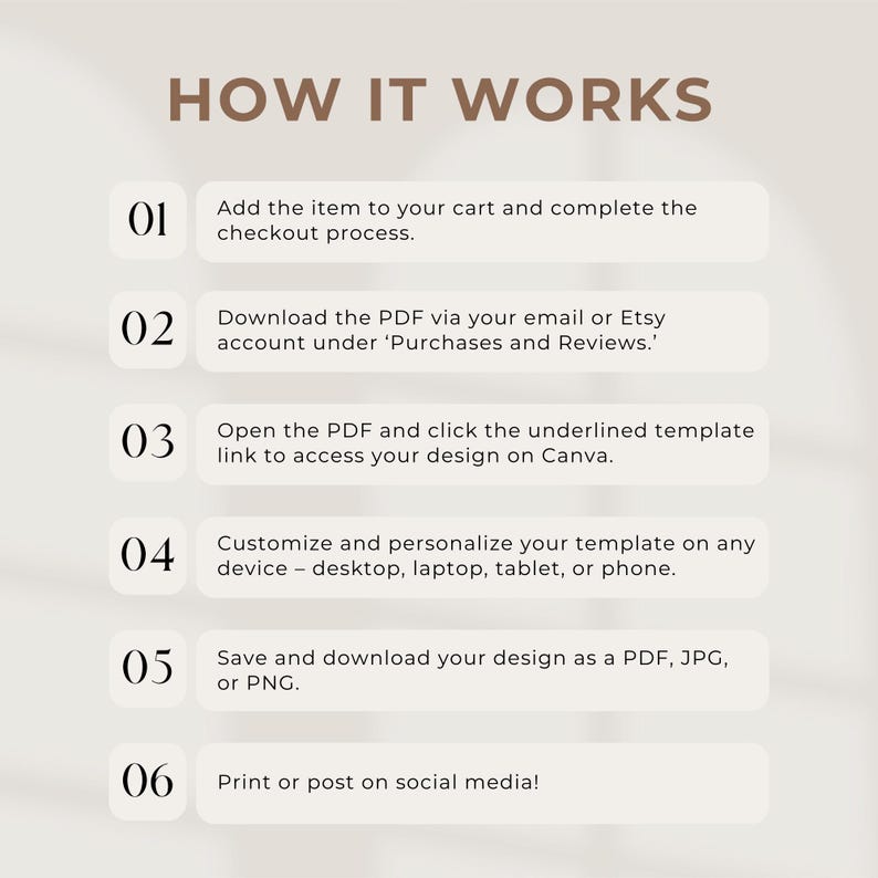 Peut inclure: Graphique beige avec le texte "HOW IT WORKS" en marron. Les &eacute;tapes 1 &agrave; 6 d&eacute;taillent le processus : ajouter au panier, t&eacute;l&eacute;charger un PDF, acc&eacute;der &agrave; une conception Canva, personnaliser, enregistrer et imprimer ou publier sur les r&eacute;seaux sociaux.