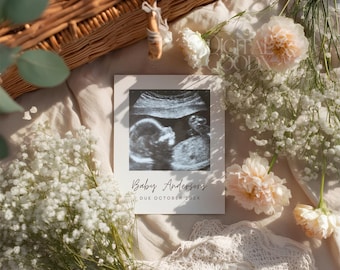 Minimalist Flower Pregnancy Announcement Template Modern Baby Reveal Editable Canva Neutral Digital Social Media Announcement