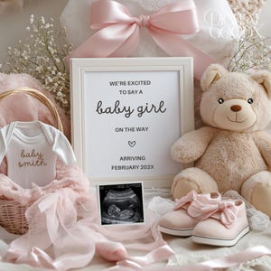 It’s a Girl Pregnancy Announcement Pink Ribbon Baby Reveal Digital Gender Reveal Editable Template Social Media Baby Girl Announcement Teddy