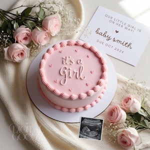 It’s a Girl Pregnancy Announcement Cute Cake Baby Reveal Digital Pink Gender Reveal Editable Template Social Media Baby Girl Announcement