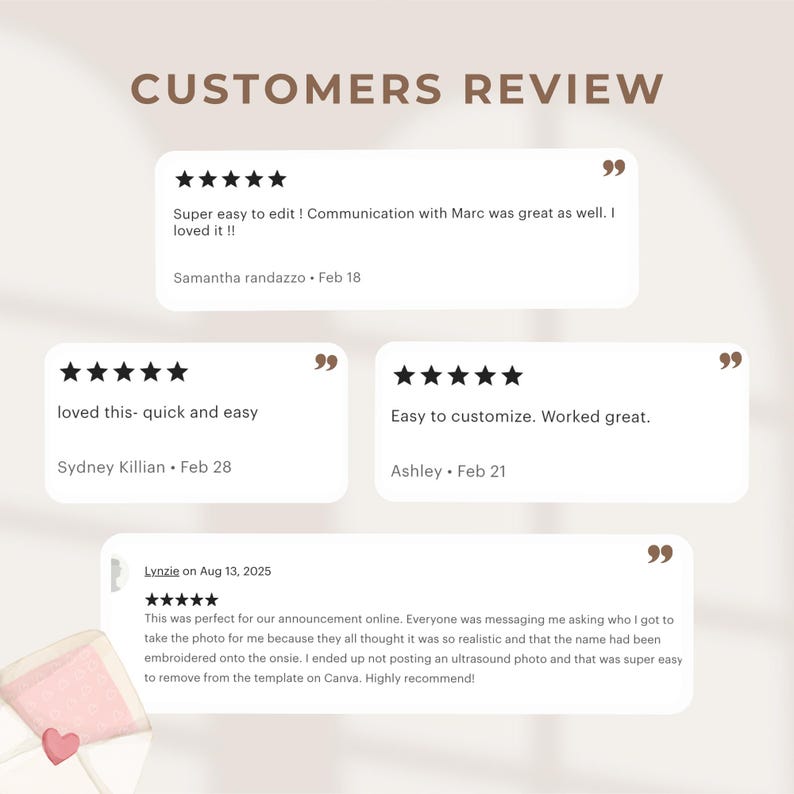 Peut inclure: Une conception graphique pr&eacute;sentant des avis clients avec des &eacute;valuations par &eacute;toiles et des citations. Le texte "CUSTOMERS REVIEW" est en haut. Les avis incluent des commentaires sur la facilit&eacute; d'utilisation et la personnalisation, avec des dates et des noms.