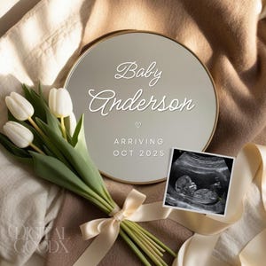 Mirror Pregnancy Announcement Digital Template Neutral Baby Reveal Editable Minimalist Brown Design Social Media Pregnancy Announcement