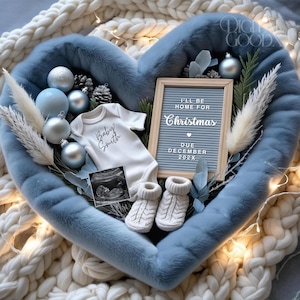 Digitale kerstzwangerschapsaankondiging babyjongen bewerkbare sjabloon I Will Be Home for Christmas In december Winter Baby Reveal