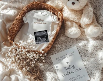 Neutral Minimalist Teddy Bear Pregnancy Announcement Digital Baby Reveal Editable Canva Template Cozy Baby Announcement Social Media Boho