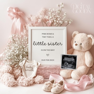 It’s a Girl Pregnancy Announcement Pink Ribbon Baby Reveal Digital Gender Reveal Editable Template Social Media Baby Girl Teddy Bear Reveal