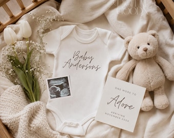 Neutral Pregnancy Announcement One More To Adore Crib Reveal Editable Canva Template Digital Baby Announcement Social Media