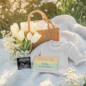 Regenbogen Schwangerschaft Ankündigung Digital Neutral Baby offenbaren bearbeitbare Canva Vorlage anpassbares minimalistisches Design für Social Media Post