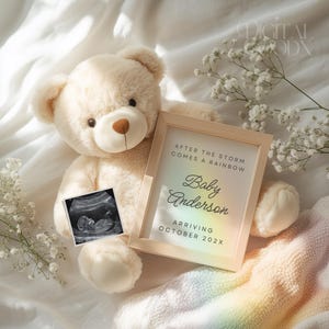 Modello di annuncio di gravidanza "Bambino Arcobaleno" neutro (download digitale)