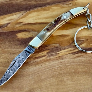 May include: A small folding knife with a patterned blade and a handle featuring brass accents and a keychain ring. The handle has a brown and tan speckled pattern. The blade is approximately 2.5 inches long.